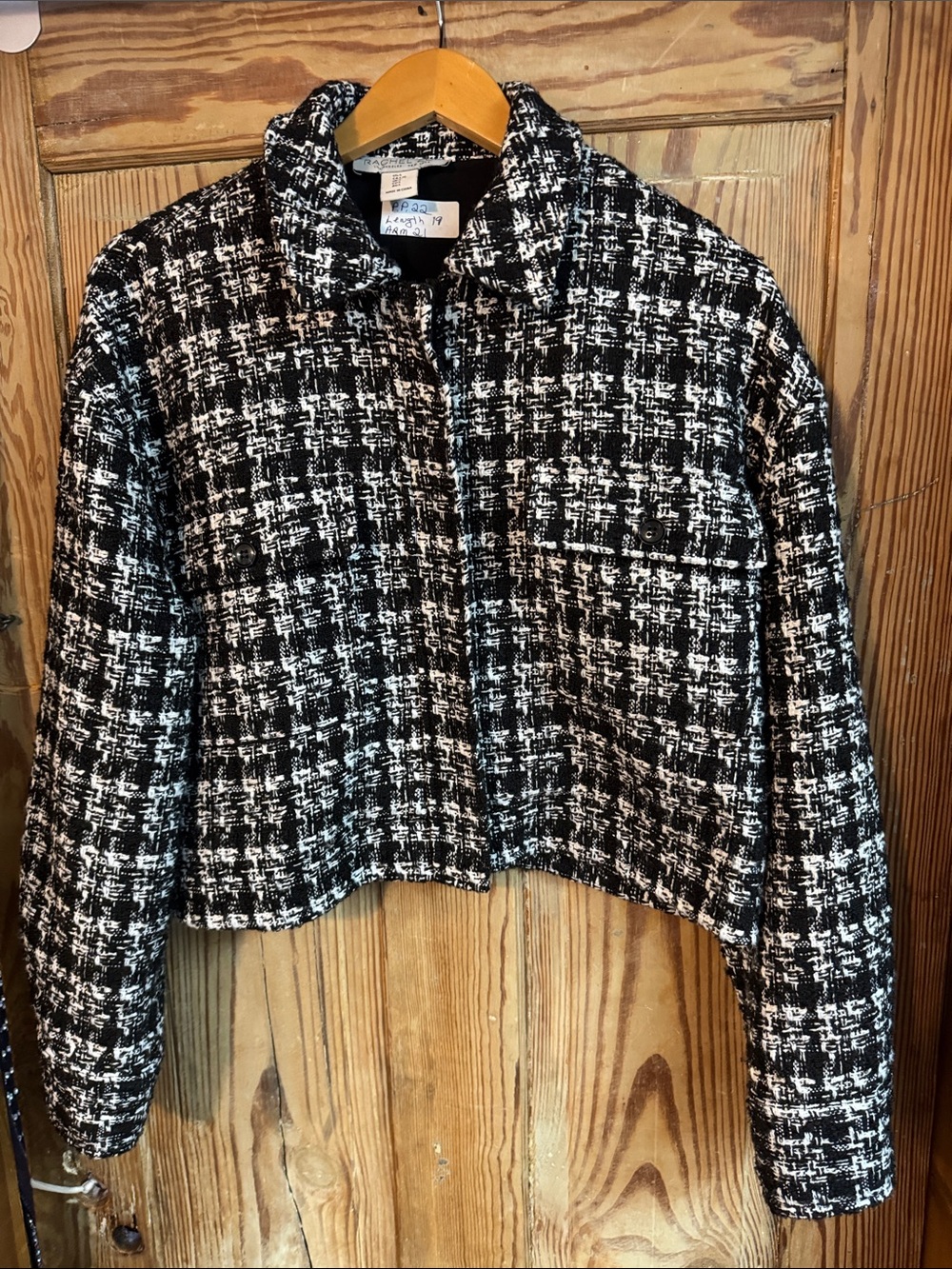 Rachel Zoe black & White Tweed Cropped Jacket - Women large 2 pocket zip front